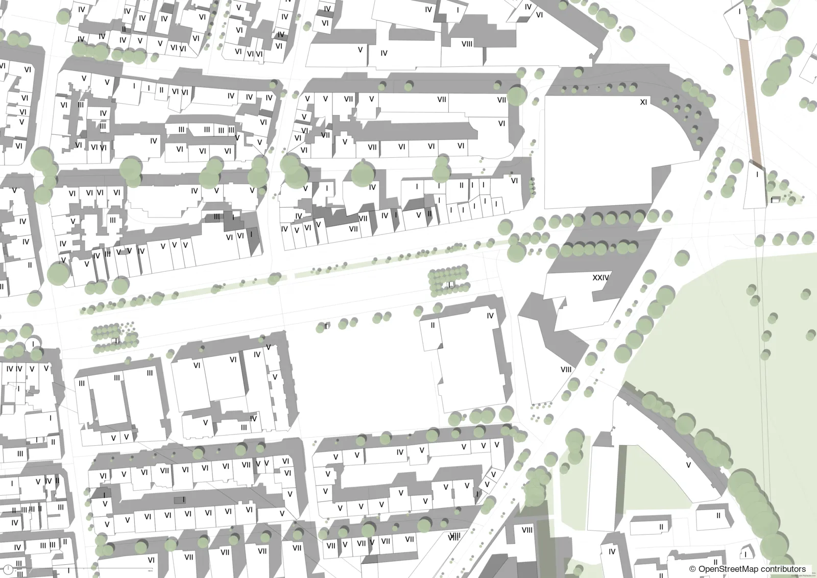 Städtebaulicher Plan mit Schatten – Beispiel, erstellt mit Plantaube